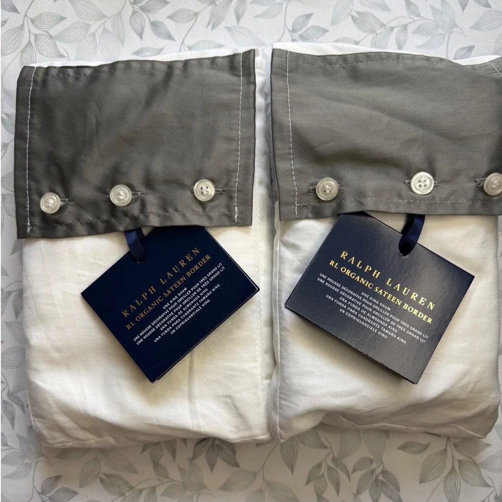 Organic Cotton Sateen Border King Sham Graphite Grey White 2pc Set NEW 20